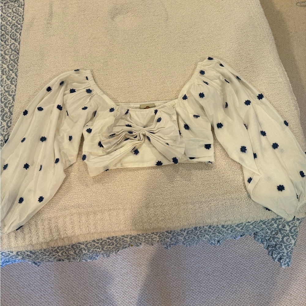 FARM Rio Cream and Blue Puff Sleeve Crop Blouse